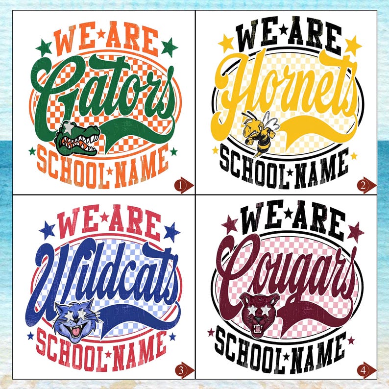 K&ouml;nnte beinhalten: Vier quadratische Grafikdesigns mit Schulmaskottchen und Text. Jedes Design enth&auml;lt die Worte WE ARE, einen Teamnamen wie Gators, Hornets, Wildcats oder Cougars sowie SCHOOL NAME. Die Grafiken verwenden Karomuster und Maskottchen-Illustrationen.