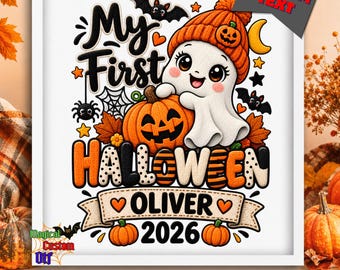 Custom My First Halloween 2026 DTF Transfer, Cute baby Pumpkin Beanie Ready To Press, Personalized Baby Ghost Heat Transfer, Halloween Print