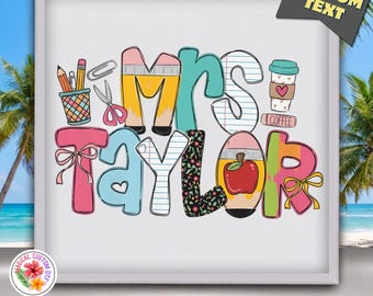 Custom Teacher Name Dtf Transfer, Back to School Shirt Heat Transfer, Personalized Apple Coffee Teacher Bows Ready To Press, Dtf Gang Sheet
