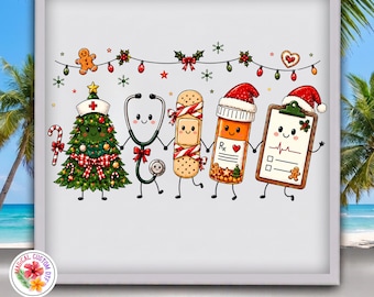 Christmas Nurse DTF Transfer, Merry Christmas Stethoscope Pill Bottle Ready To Press, Nursing Gift Shirt Heat Transfer, Christmas Tree Print