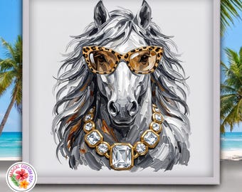 Faux Glam Leopard Sunglasses Horse Dtf Transfer, Chic Country Girl Horse Lover Shirt Ready to Press, Heat Transfer, Chic Animal Print Horse