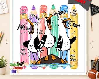 Funny Seagull Teacher Life Dtf Transfer, Back to School Teacher Ready to Press, Custom Teacher Name Heat Transfer, Colorful Pencil Iron On