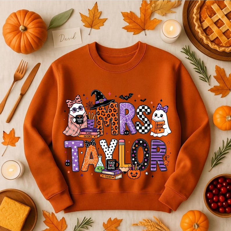 K&ouml;nnte beinhalten: Ein orangefarbenes Sweatshirt mit Rundhalsausschnitt und einem Grafikdruck mit dem Text MRS TAYLOR. Das Design zeigt zwei Geister, einen Hexenhut, B&uuml;cher, einen Bleistift, eine Tasse mit der Aufschrift TEACHER FUEL und einen K&uuml;rbis mit Mustern.