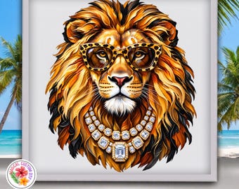 Faux Rhinestone Lion Dtf Transfer, Leopard Glasses Diamond Chain Ready to Press, Preppy Animal Shirt Heat Transfer, Boujee Lion Dtf Print