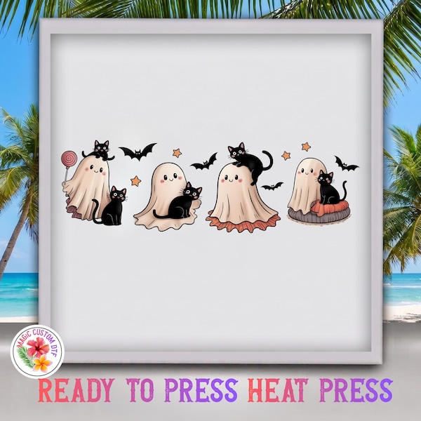 Cute Ghost and Black Cat Dtf Transfer, Spooky Season Tee Heat Transfer, Retro Halloween, Cat Lover Halloween Ready To Press, Dtf Gang Sheet