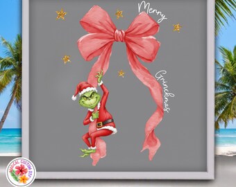 Merry Greenchmas Pink Bow Dtf Transfer, Holiday Faux Glitter Gold Stars Ready To Press, Christmas Shirt Heat Transfer, Christmas Santa Print