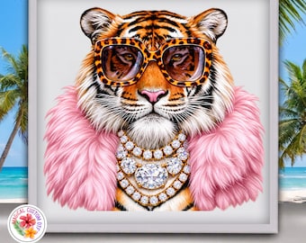 Faux Glam Boujee Tiger Dtf Transfer, Pink Fur Leopard Glasses Ready to Press, Baddie Pink Tiger Shirt Heat Transfer, Preppy Tiger Dtf Print