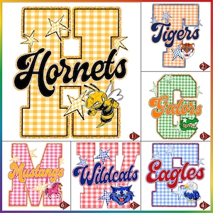 May include: A collection of six graphic designs featuring large block letters with a gingham pattern, each decorated with stars and a mascot. The designs include Hornets, Tigers, Gators, Mustangs, Wildcats, and Eagles with their respective animal icons.