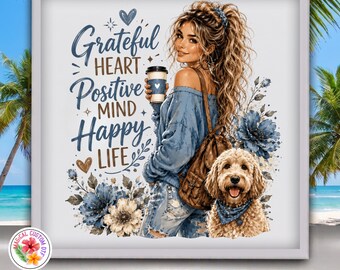 Positive Mind Happy Life DTF Transfer, Motivational Quote Ready Press, Blue Floral Dog Mom Iron on Heat Transfer, Coffee Lover Shirt Print
