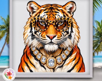 Cool Tiger Dtf Transfer, Faux Glam Tiger,  Preppy Tiger Ready to Press, Leopard Glasses Diamond Chain Heat Transfer, Boujee Tiger Dtf Print