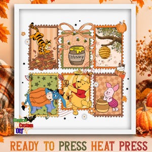 May include: A white-framed print featuring six postage stamp-style illustrations of Winnie the Pooh characters. The images include Tigger in leaves, a Hunny pot, a beehive, Eeyore in a pumpkin costume, Pooh with butterflies, and Piglet with a pot.