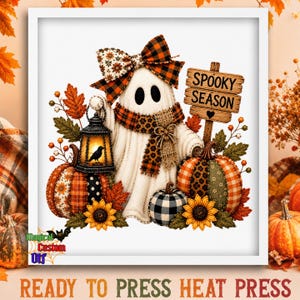May include: A white ghost illustration wearing a plaid bow and scarf, holding a lantern with a black bird inside. The design includes pumpkins with various patterns, sunflowers, autumn leaves, and a wooden sign that reads SPOOKY SEASON.