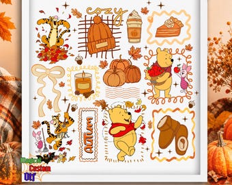 Cozy Autumn Bear Friends Dtf Transfer, Cute Fall Yellow Bear Ready To Press, Pumpkin Spice Coffee Pie Heat Transfer, Disney Thanksgiving Tee