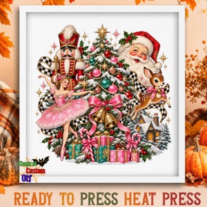 Retro Vintage Christmas DTF Transfer, Nutcracker Santa Ballerina Ready To Press, Pink Coquette Christmas Heat Transfer, Reindeer Holiday Dtf