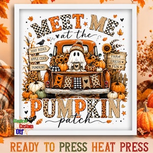 May include: A framed print featuring an orange truck carrying a ghost holding a mug, surrounded by pumpkins and sunflowers. Text reads: MEET ME at the PUMPKIN patch, HAY RIDES, APPLE CIDER, PUMPKINS, and FARM FRESH FUN. The design includes leopard and plaid patterns.