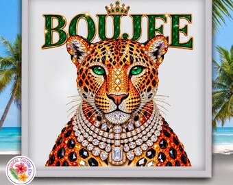 Boujee Crown Leopard Dtf Transfer, Faux Rhinestone Diamond Necklace Luxury Wild Cat Glam Ready to Press, Luxury Fashion Shirt Heat Transfer