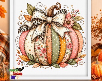 Coquette Bow Pumpkin DTF Transfer, Cute Patchwork Pumpkin Ready To Press, Thanksgiving Shirt Heat Transfer, Vintage Floral Fall Dtf Print