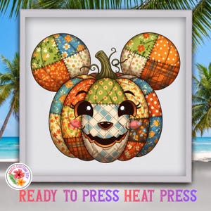 May include: A patchwork pumpkin graphic with two circular ears, featuring a variety of orange, green, and blue floral and plaid patterns. The pumpkin has a smiling face with large dark eyes, long eyelashes, and a small nose, all outlined in black.