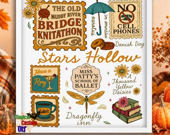 Stars Hollow Stamp Dtf Transfer, Cozy Coffee and Books Ready to Press, Bookish Autumn Iron on Heat Transfer, Retro Fall Bookworm Shirt Print