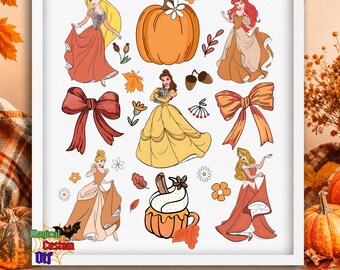 Fairytale Princess Fall Dtf Transfer, Vintage Pumpkin Spice Princesses Ready To Press, Autumn Theme Park Shirt Heat Transfer, Fall Vibe Dtf