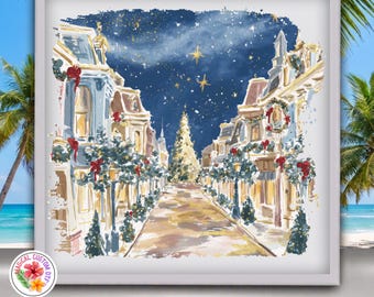 Vintage Christmas Main Street Dtf Transfer, Snowy Park Street Castle Tree Transfer Ready To Press, Magical Winter Town Holiday Heat Transfer