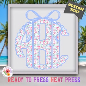 May include: A square graphic featuring the letters ABC in a large monogram style, filled with a repeating pattern of small pink flowers, blue bows, and green leaves. The letters are outlined in light blue and topped with a large blue bow.