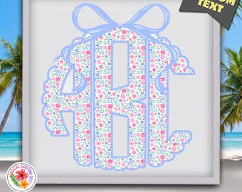 Custom Monogram Bow Dtf Transfer, Blue Ribbon Floral Monogram Ready To Press, Preppy Girl Monogram Tee Heat Transfer, Cute Soft Girl Floral