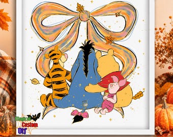Coquette Fall Bear Friends Dtf Transfer, Autumn Coquette Ribbon Ready To Press, Fall Theme Park Vacation Heat Transfer, Disney Iron on Shirt
