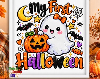 My First Halloween Dtf Transfer, Faux Glitter Pumpkin Baby Girl Ready To Press, Toddler Spooky Shirt Heat Transfer, Spooky Halloween Print