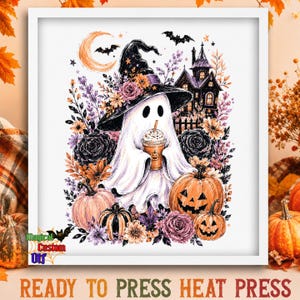 May include: A white ghost wearing a black witch hat adorned with flowers, holding a coffee cup, surrounded by orange pumpkins, purple and orange flowers, a crescent moon, bats, and a dark house illustration, with text reading Magical Custom Otf.