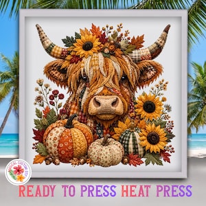 Western Fall Cow Dtf Transfer, Sunflower Pumpkin Autumn Field Day Heat Transfer, Faux Patchwork Quilt Autumn Ready To Press, Dtf Gang Sheet