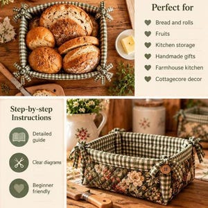 Patchwork brödkorg sömnadsmönster PDF, quiltad tygkorg, blommig köksinredning i cottagecore, brödhållare i lantlig stil bild 3