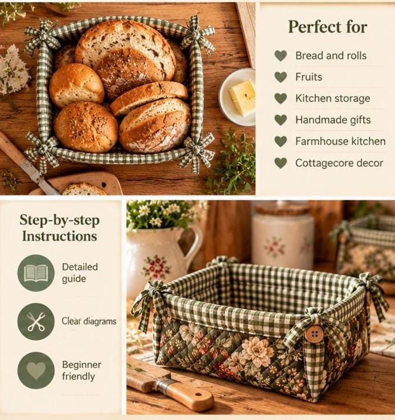 Patchwork brödkorg sömnadsmönster PDF, quiltad tygkorg, blommig köksinredning i cottagecore, brödhållare i lantlig stil bild 3