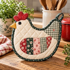 May include: A quilted chicken-shaped pot holder featuring a cream-colored body with a diamond stitch pattern. The design includes a red textured comb, a yellow beak, a black button eye, and a wing composed of vertical fabric strips in floral and gingham patterns.