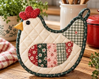May include: A quilted chicken-shaped pot holder featuring a cream-colored body with a diamond stitch pattern. The design includes a red textured comb, a yellow beak, a black button eye, and a wing composed of vertical fabric strips in floral and gingham patterns.