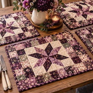 May include: Rectangular quilted placemats featuring a central eight-pointed star pattern in shades of purple, cream, and dark floral prints. The fabric is stitched with a grid-like texture, creating a layered, patchwork appearance.