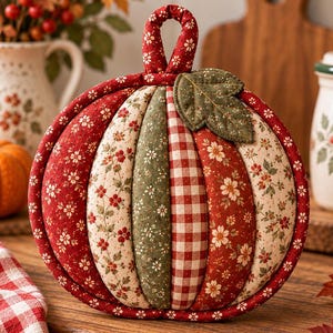May include: A fabric pumpkin-shaped pot holder featuring vertical panels of red and cream floral fabric, a green floral panel, and a red and white gingham panel. It includes a matching fabric loop at the top and a stitched green leaf accent.