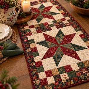 May include: A rectangular quilted table runner featuring a patchwork design with two large eight-pointed stars in deep red, forest green, and cream. The fabric displays intricate floral patterns and a small-scale checkered border.