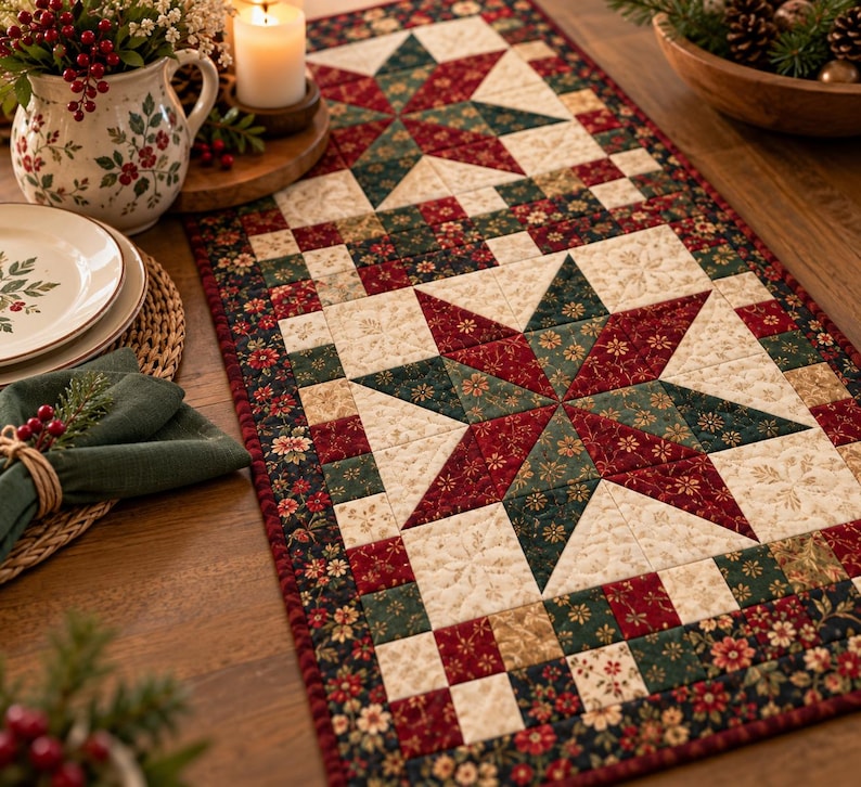 May include: A rectangular quilted table runner featuring a patchwork design with two large eight-pointed stars in deep red, forest green, and cream. The fabric displays intricate floral patterns and a small-scale checkered border.