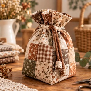 May include: A drawstring pouch crafted from a patchwork of fabric squares featuring brown, cream, and green floral patterns alongside brown and white gingham checks. The bag is cinched at the top with thick brown cord ties ending in fabric-covered beads.