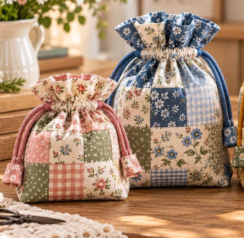 May include: Two fabric drawstring pouches featuring a patchwork design. The smaller pouch has pink, green, and cream floral and gingham patterns with pink cords. The larger pouch has blue, white, and cream floral and gingham patterns with blue cords.