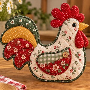 May include: A quilted fabric rooster-shaped potholder featuring a cream-colored body with a red floral pattern, a bright red comb and wattle with white dots, a yellow beak, and a tail made of layered green, yellow, and red floral fabric.