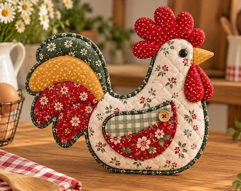 May include: A quilted fabric rooster-shaped potholder featuring a cream-colored body with a red floral pattern, a bright red comb and wattle with white dots, a yellow beak, and a tail made of layered green, yellow, and red floral fabric.