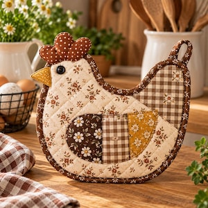 May include: A quilted chicken-shaped potholder featuring a cream-colored body with a brown floral print, a brown and white gingham wing, and a dark brown floral patch. It has a brown polka-dot comb, a yellow beak, and a black button eye.