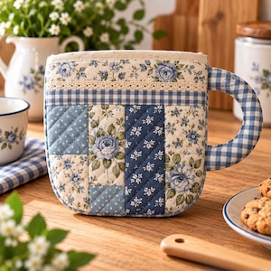 May include: A quilted pot holder shaped like a mug, featuring a patchwork design of blue and white floral patterns, a blue and white gingham check border, and a matching gingham handle, accented with a strip of cream-colored lace trim.