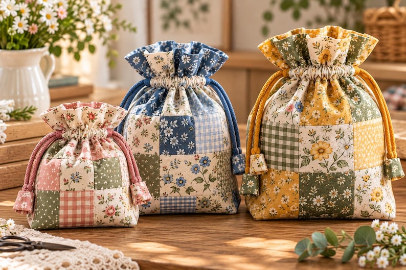 May include: Three drawstring pouches in small, medium, and large sizes, each featuring a patchwork design of floral and gingham patterns. The smallest pouch has pink accents, the medium has blue, and the largest has yellow and green tones.