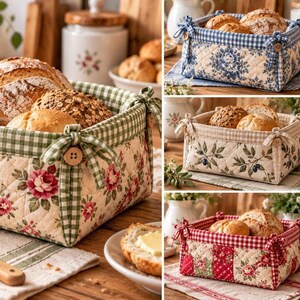 Patchwork brödkorg sömnadsmönster PDF, quiltad tygkorg, blommig köksinredning i cottagecore, brödhållare i lantlig stil bild 4