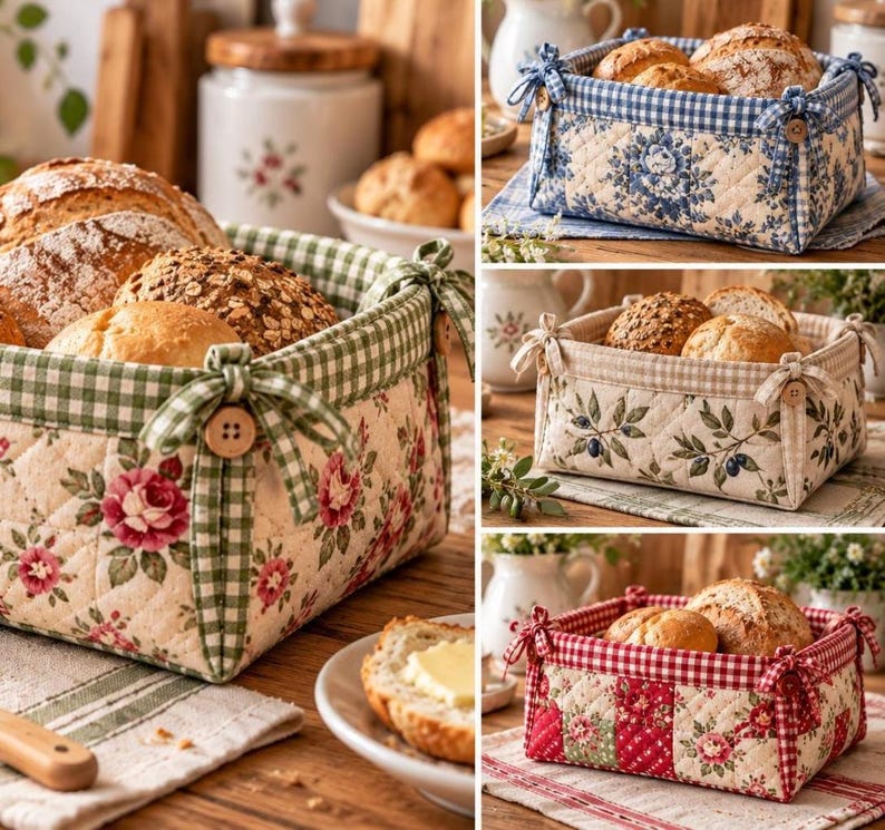 Patchwork brödkorg sömnadsmönster PDF, quiltad tygkorg, blommig köksinredning i cottagecore, brödhållare i lantlig stil bild 4