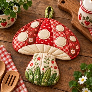 Mushroom Potholder Sewing Pattern PDF, Patchwork Toadstool Hot Pad, Quilted Kitchen Decor, Cottagecore Applique Pattern, Instant Download