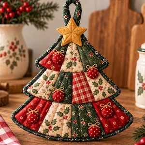 May include: A quilted fabric potholder shaped like a Christmas tree with a yellow fabric star at the top. The tree features alternating panels of red, green, and cream fabric with holly and plaid patterns, decorated with small red ornaments.